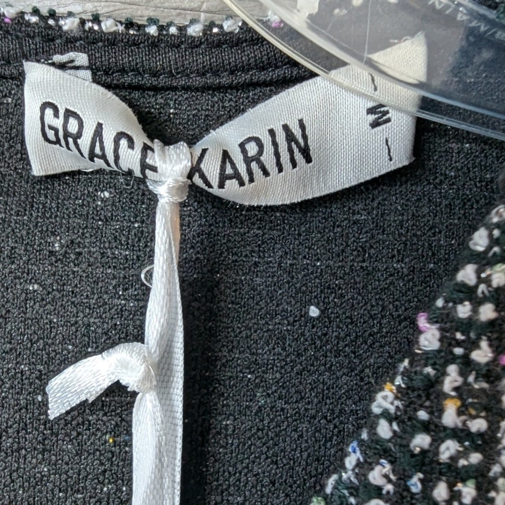 Grace Karin Tweed Sheath Dress Black White Multicolor Cap Sleeve Sz M Bodycon - Picture 8 of 10